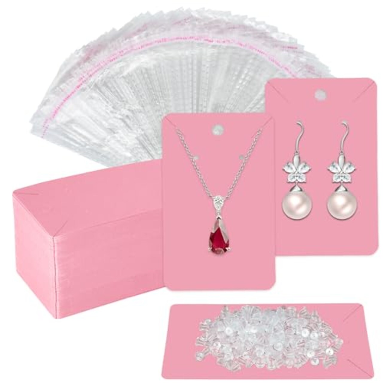 Pink Earring Cards for Selling Set with 100 Pieces Earring Display Cards, 200 Pieces Earring Backs and 100Pcs Jewelry Packaging Bag for Earrings Necklace Jewelry Display (3.5" x 2.3" Inches)